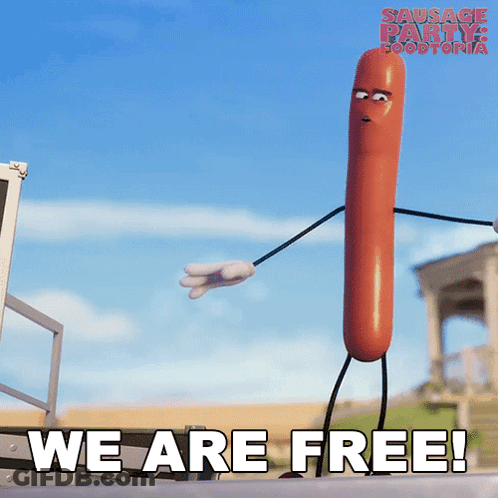 Cartoon Sausage Saying We Are Free GIF