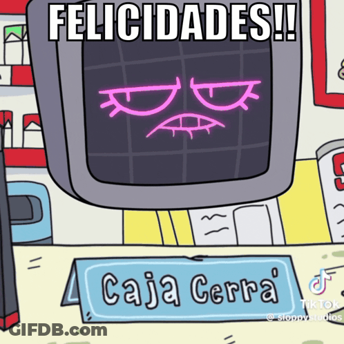 Cartoon Saying Felicidades With Caja Cerra Sign GIF