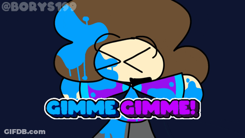 Cartoon Saying Gimme Gimme In Blue And Purple GIF