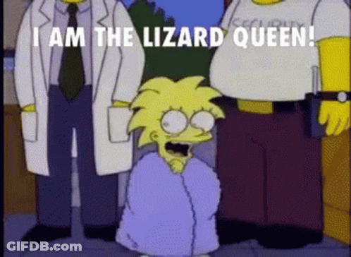 Cartoon Saying I Am The Lizard Queen In Front Of Security Guard GIF