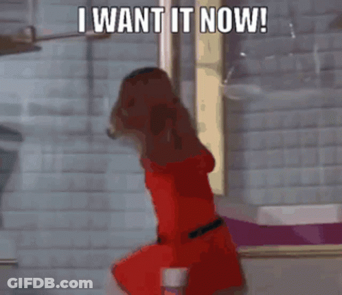 Cartoon Saying I Want It Now In Front Of Brick Wall GIF
