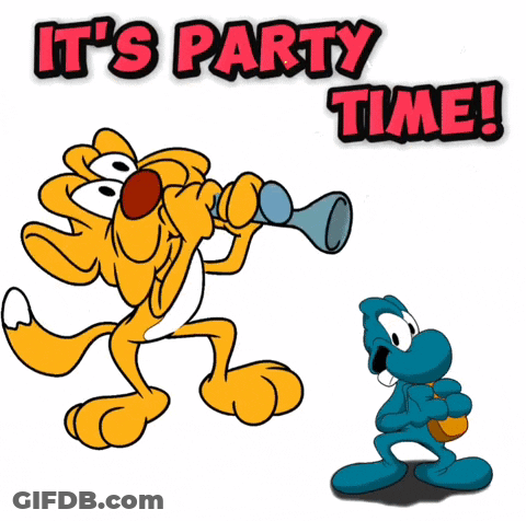 Cartoon Saying Party Time With Cat And Blue Man GIF