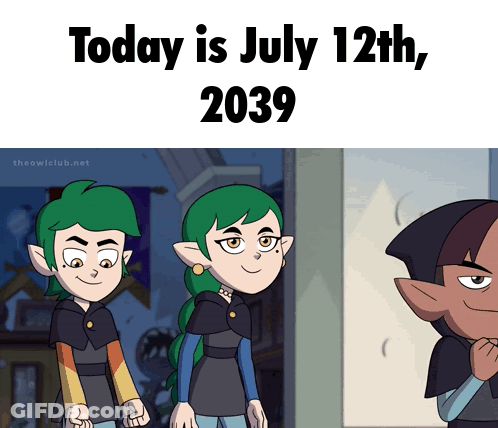 Cartoon Saying Today Is July 12Th 2039 With Two Elves GIF