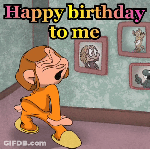 Cartoon Says Happy Birthday To Me With Girl In Front Of Pictures GIF