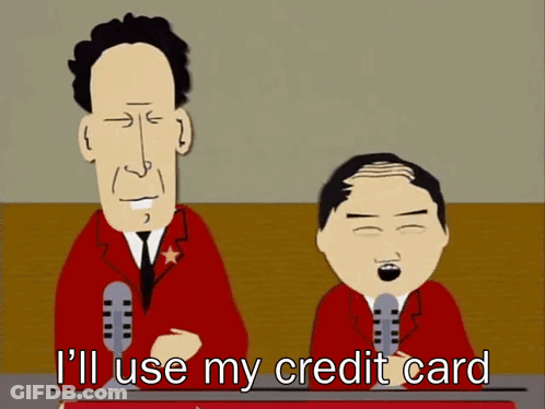 Cartoon Says I'll Use My Credit Card In Front Of Two Men GIF