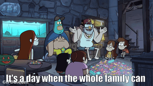 Cartoon Says It's A Day When Whole Family Can With Pile Of Candy GIF