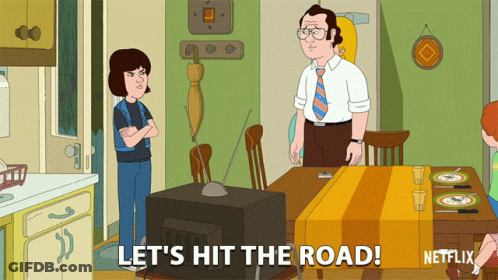 Cartoon Says Let's Hit The Road In Front Of Television GIF