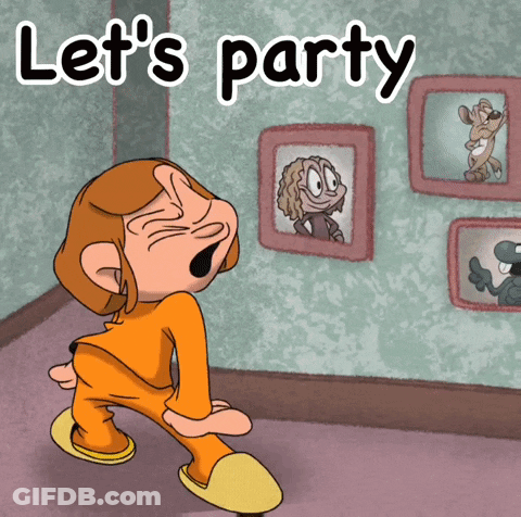 Cartoon Says Let's Party Standing In Room GIF