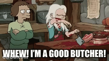 Cartoon Says Whew I'm A Good Butcher Woman Cutting Meat GIF