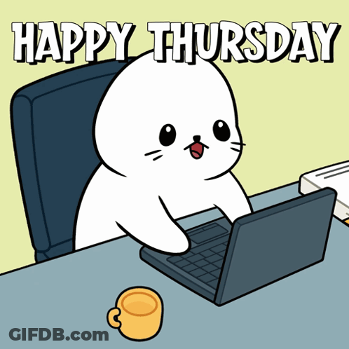 Cartoon Seal Sitting At Desk With Laptop Happy Thursday GIF
