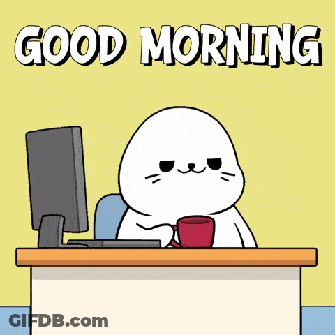 Cartoon Seal With Coffee And Computer Says Good Morning GIF