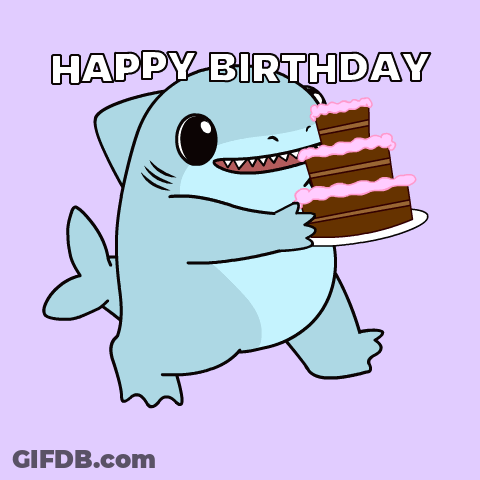 Cartoon Shark Holding Three Cakes With Happy Birthday GIF