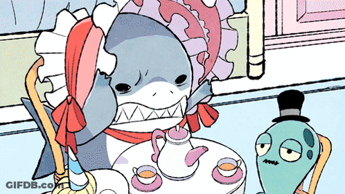Cartoon Shark Sitting At Table With Tea GIF