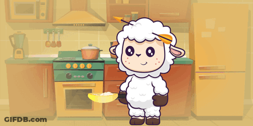 Cartoon Sheep Holding Bowl Of Rice In Kitchen GIF