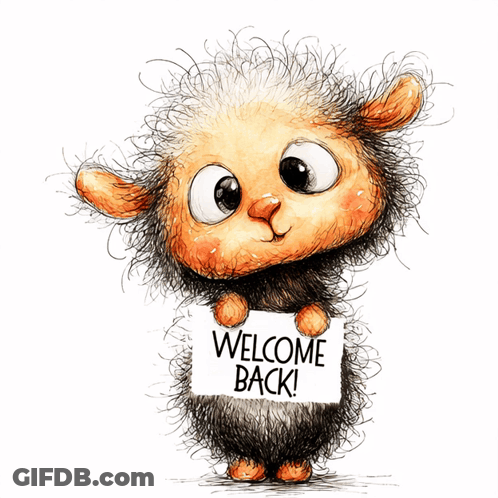 Cartoon Sheep Holding Welcome Back Sign GIF