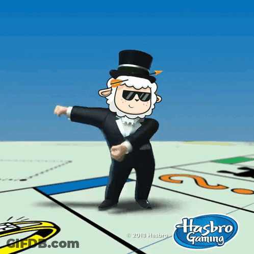 Cartoon Sheep In Top Hat And Sunglasses Dancing In Front Of Monopoly Board GIF