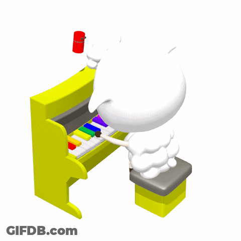 Cartoon Sheep Playing Yellow Piano With Rainbow Keys GIF