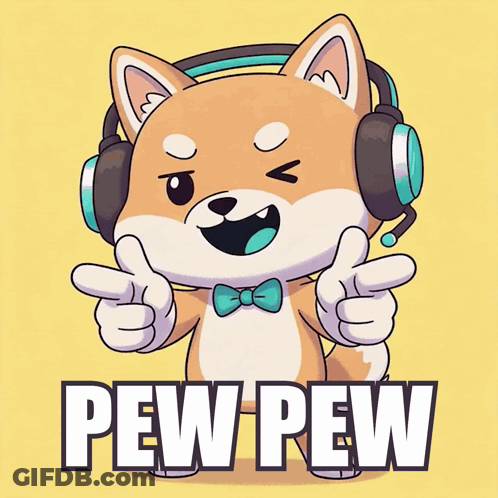 Cartoon Shiba Inu With Headphones Bow Tie Saying Pew Pew GIF