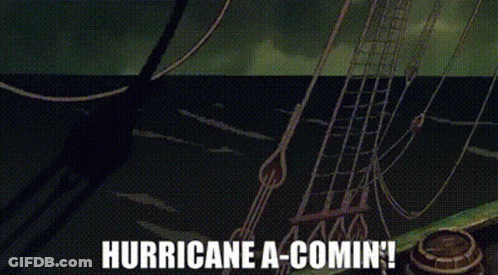 Cartoon Ship In Ocean Saying Hurricane A-Comin GIF