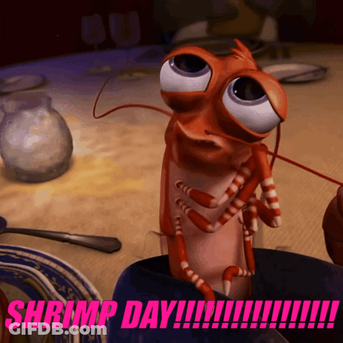 Cartoon Shrimp Sitting In Cup Saying Shrimp Day GIF