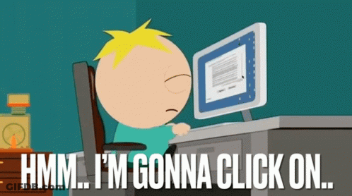 Cartoon Sitting At Desk Saying Hmm I'm Gonna Click On GIF