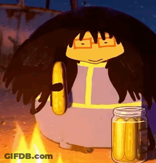Cartoon Sitting By Fire Holding Banana And Pickles GIF