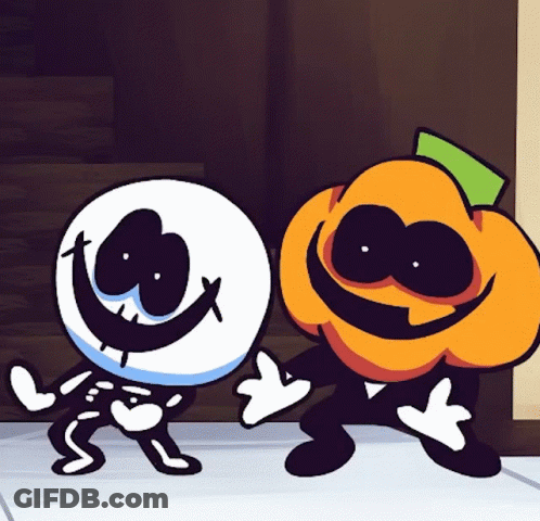 Cartoon Skeleton And Pumpkin Standing Together GIF