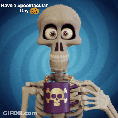 Cartoon Skeleton Holding Purple Skull Mug GIF