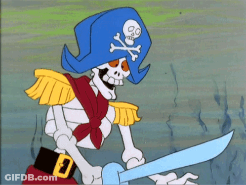 Cartoon Skeleton In Blue Pirate Hat Holding Sword GIF