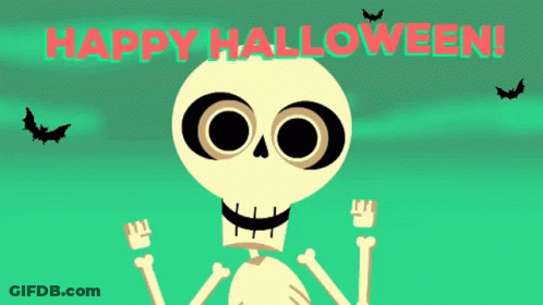 Cartoon Skeleton Says Happy Halloween With Bats GIF