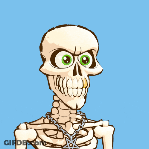 Cartoon Skeleton With Green Eyes And Pentagram Necklace GIF