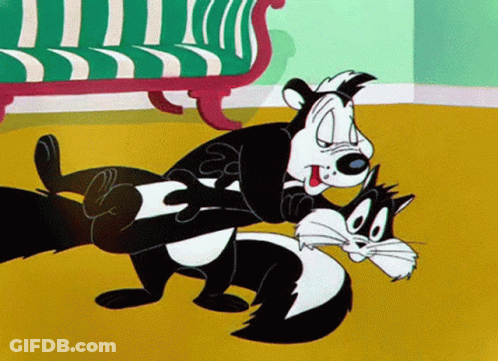 Cartoon Skunk And Cat Fighting In Living Room GIF