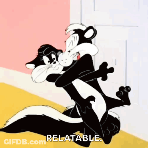 Cartoon Skunk Holding Another Skunk Saying Relatable GIF