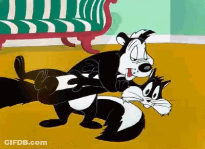 Cartoon Skunk Holding Cat In Living Room GIF