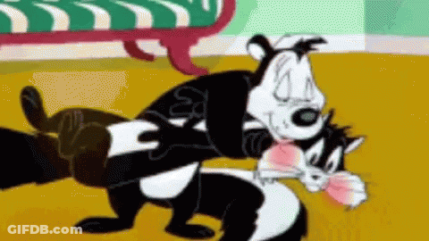 Cartoon Skunk Holding Cat With Another Skunk Looking On GIF