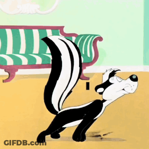 Cartoon Skunk Standing In Front Of Striped Couch GIF