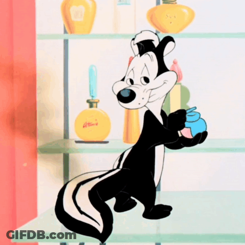 Cartoon Skunk Standing On Shelf Holding Perfume Jar GIF