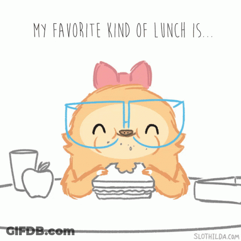 Cartoon Sloth Eating Sandwich Says My Favorite Kind Of Lunch Is GIF