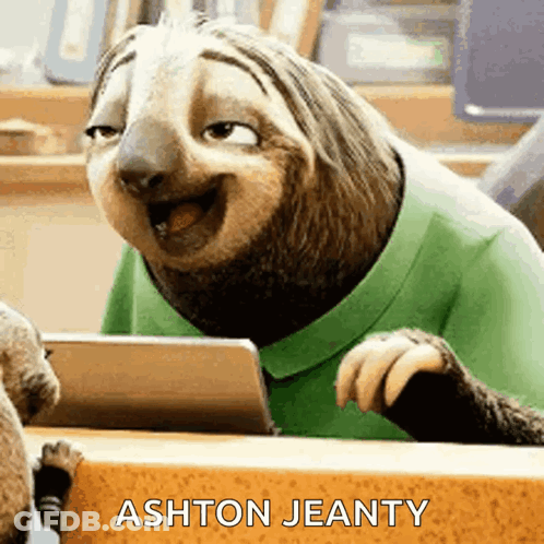 Cartoon Sloth In Green Shirt Smiling At Tablet GIF