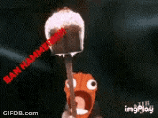 Cartoon Smashing Watermelon Fiery Ban Hammer GIF