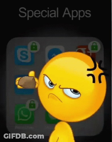 Cartoon Smiley Holding Rock In Front Of Phone Saying Special Apps GIF
