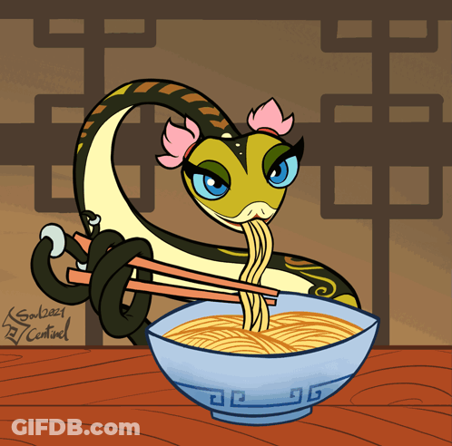 Cartoon Snake Eating Noodles From Bowl GIF
