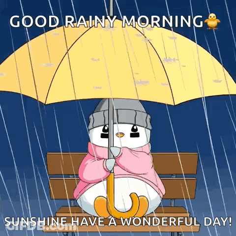 Cartoon Snowman Sitting On Bench Under Umbrella Rain GIF