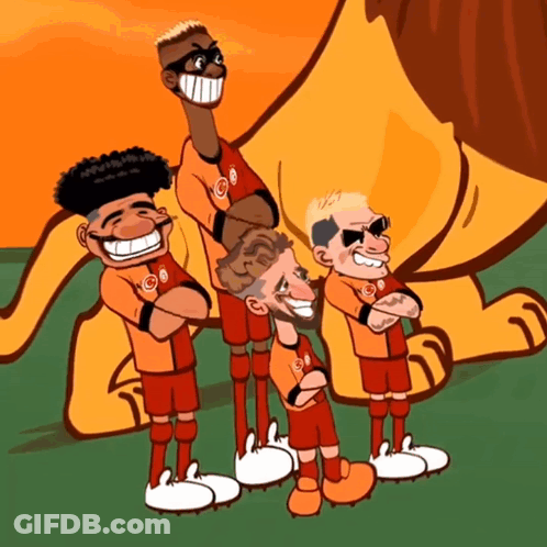 Cartoon Soccer Players Posing With Lion GIF