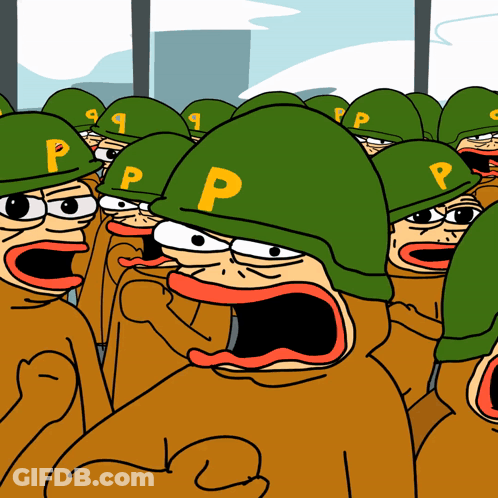 Cartoon Soldiers In Green Helmets With Letter P GIF