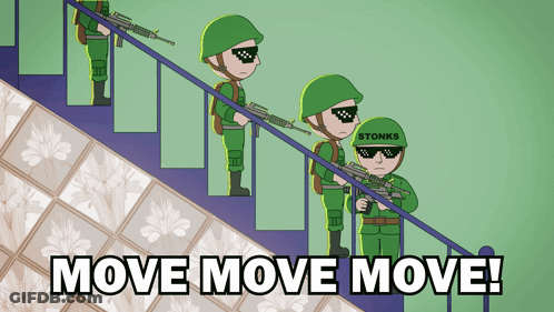 Cartoon Soldiers On Stairs Saying Move Move Move GIF