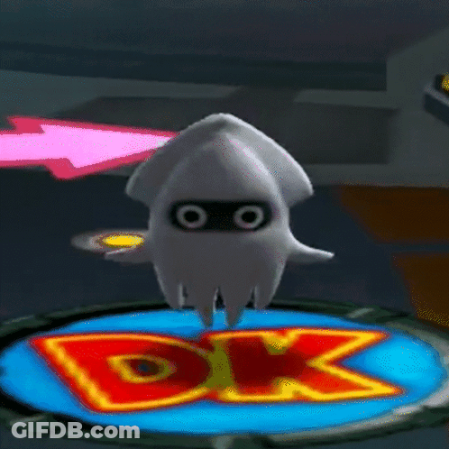 Cartoon Squid Floating Above DK Logo GIF