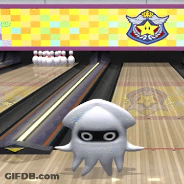 Cartoon Squid Walking Down Bowling Alley With Star Sign GIF