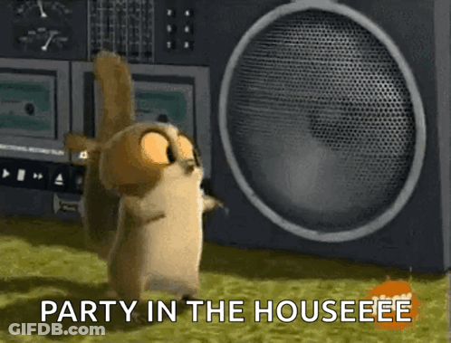 Cartoon Squirrel Dancing With Party Text GIF
