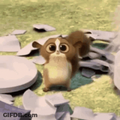 Cartoon Squirrel On Pile Of Plates And Tissues GIF